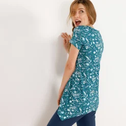 Asymmetrisch T-shirt met korte mouwen - smaragdgroen met bloemenprint
