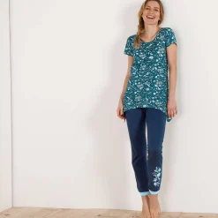Asymmetrisch T-shirt met korte mouwen - smaragdgroen met bloemenprint