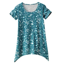 Asymmetrisch T-shirt met korte mouwen - smaragdgroen met bloemenprint