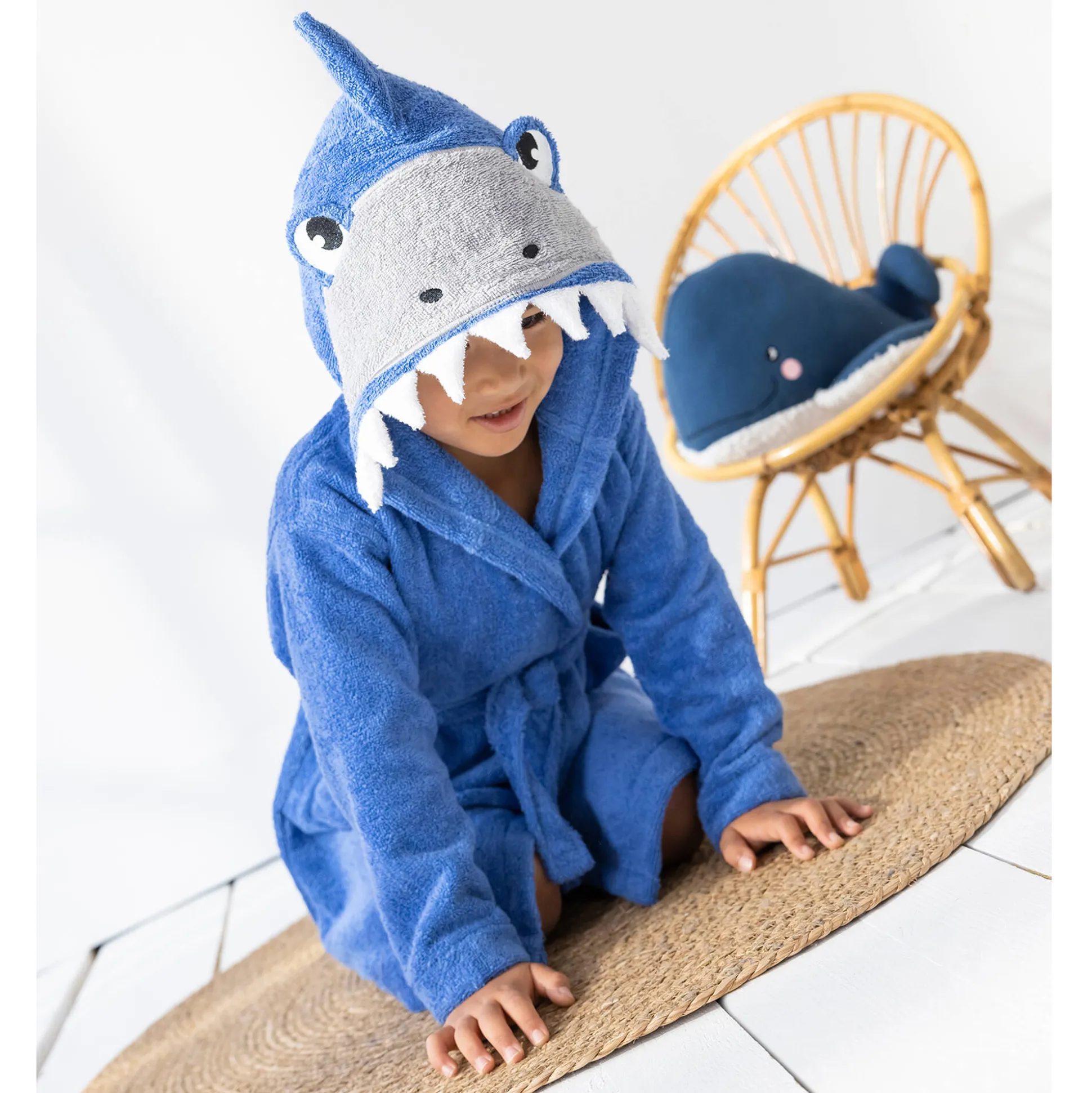 Badjas voor kinderen, haaienmotief, in katoenen badstof - 340 g/m2