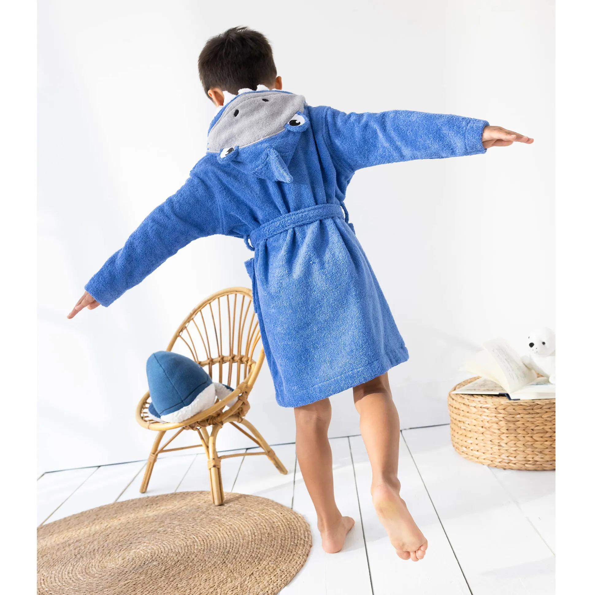 Badjas voor kinderen, haaienmotief, in katoenen badstof - 340 g/m2