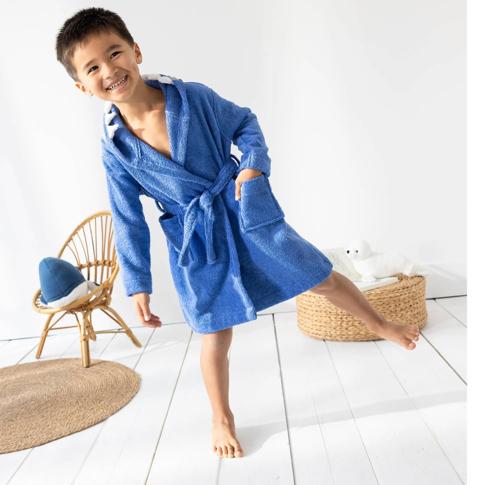 Badjas voor kinderen, haaienmotief, in katoenen badstof - 340 g/m2