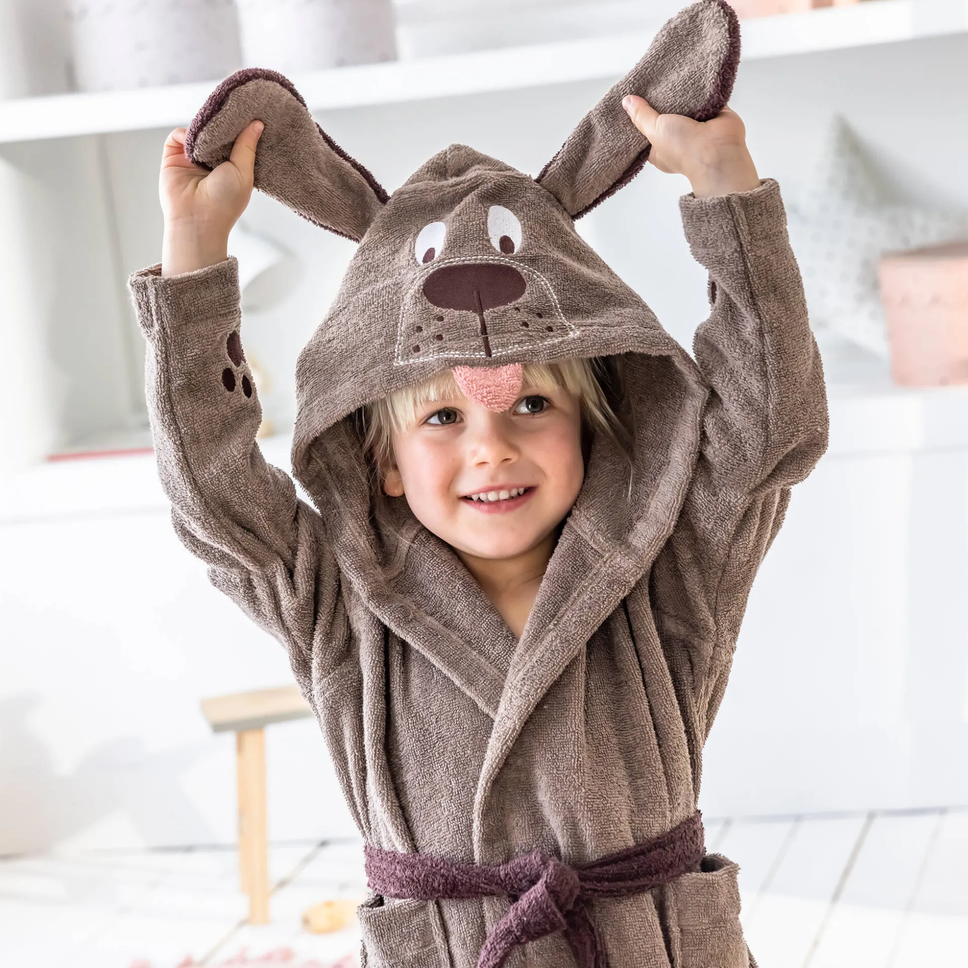 Badjas voor kinderen, hondmotief, katoenen badstof - 340 g/m2