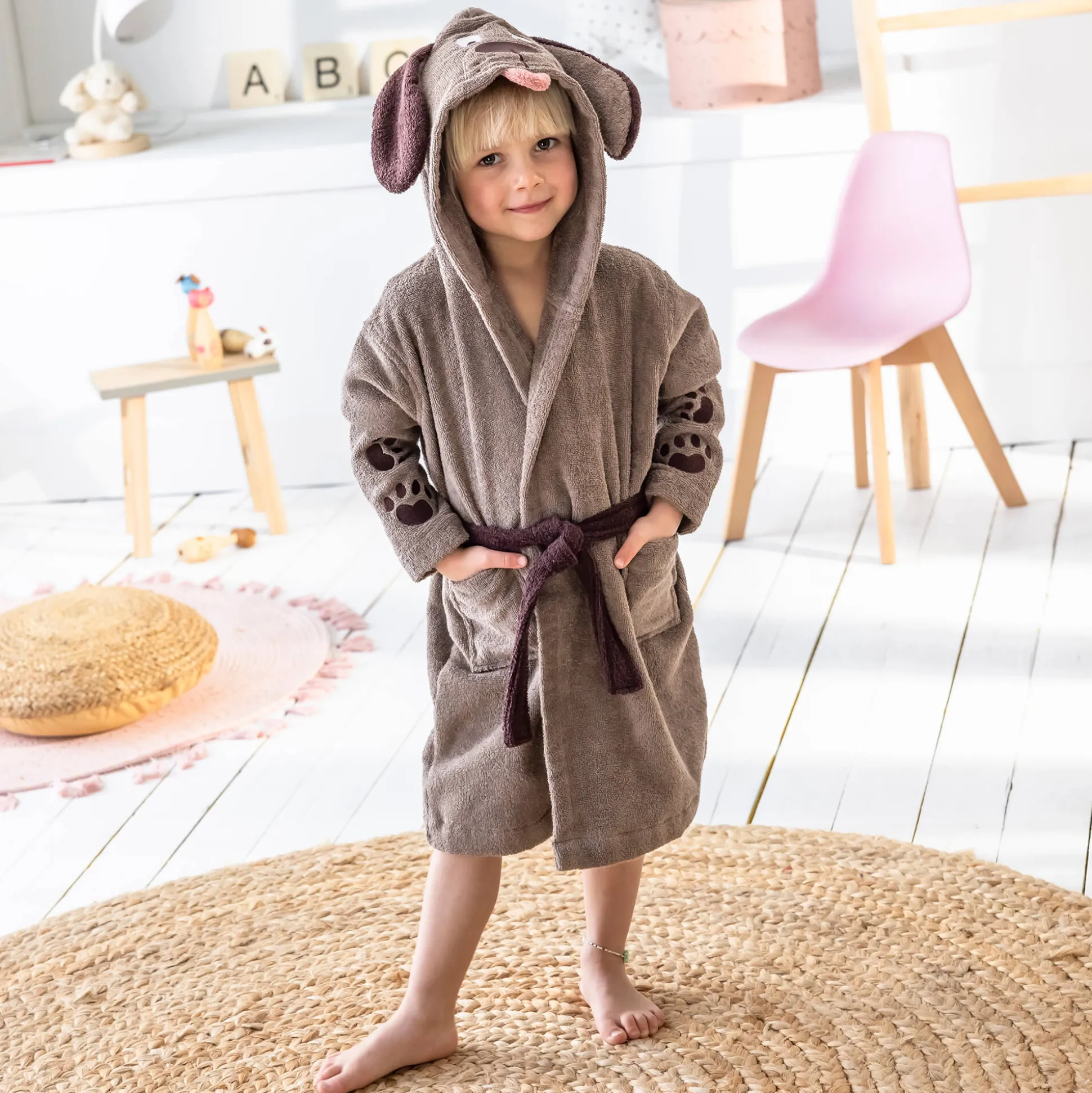 Badjas voor kinderen, hondmotief, katoenen badstof - 340 g/m2