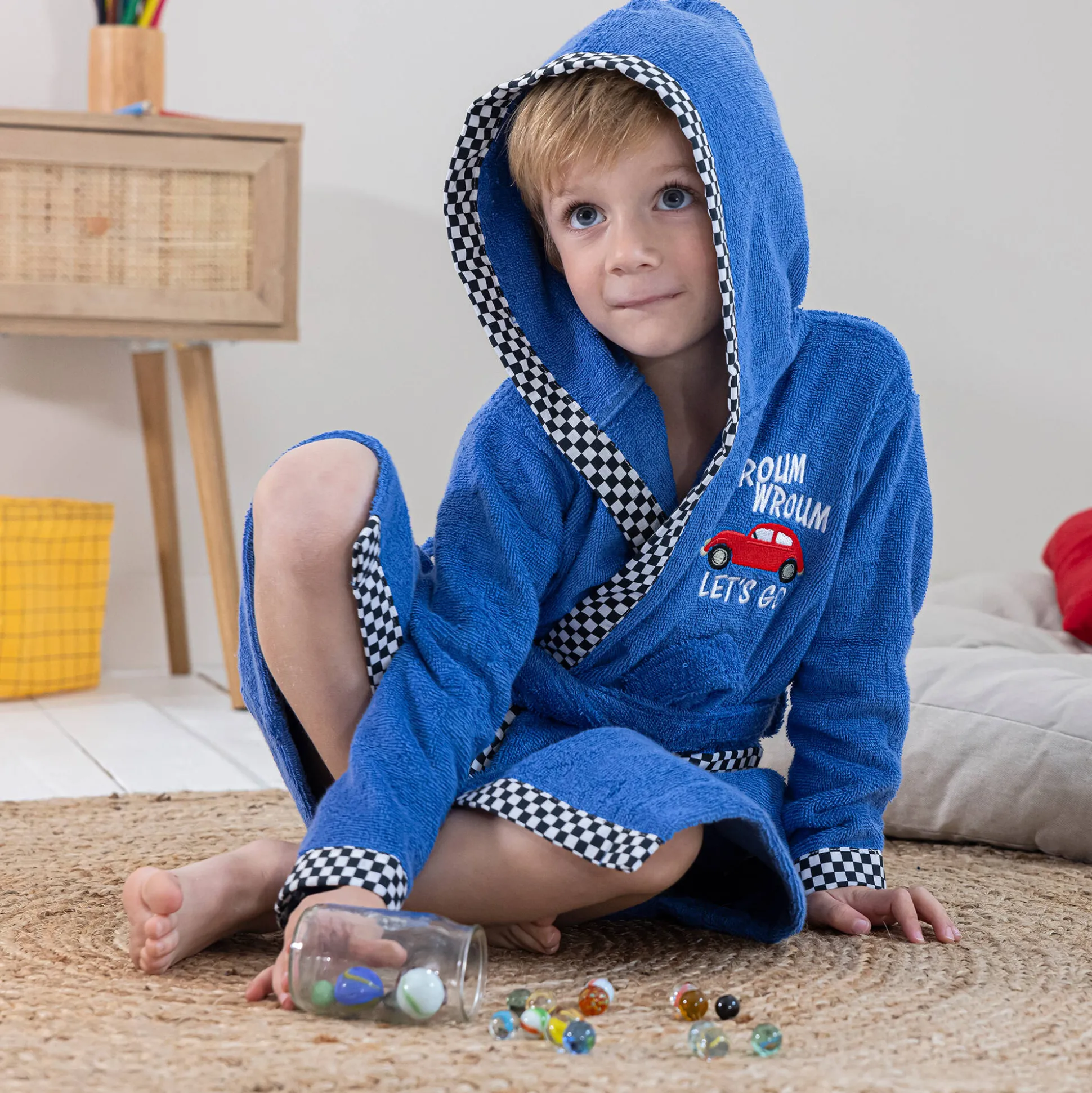 Badjas voor kinderen, kap met automotief, katoenen badstof - 340 g/m2