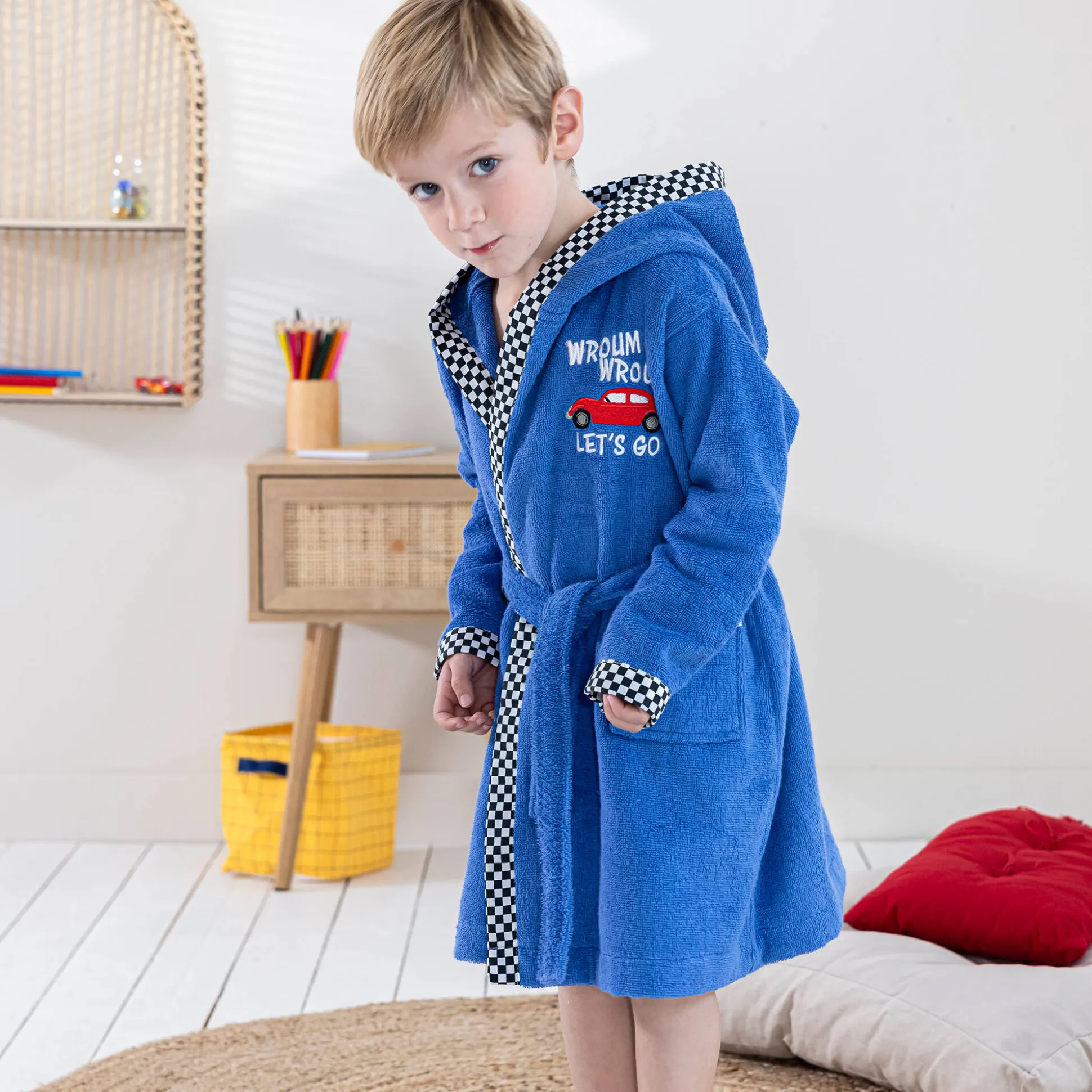 Badjas voor kinderen, kap met automotief, katoenen badstof - 340 g/m2