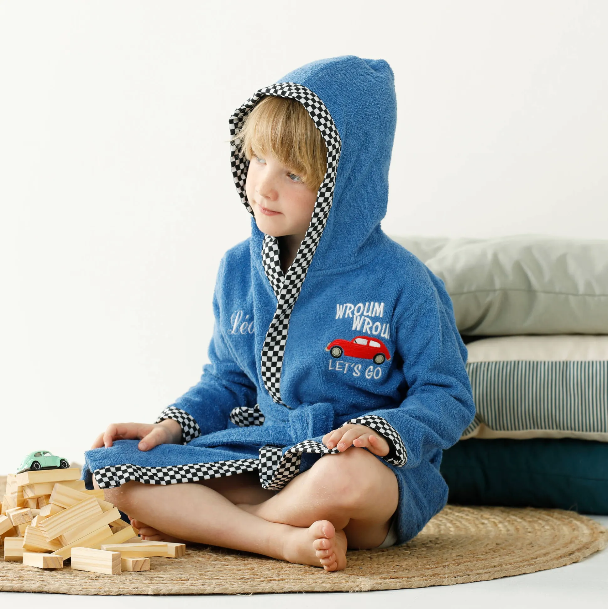 Badjas voor kinderen met kap en automotief, personaliseerbaar, katoenen badstof - 340 g/m2