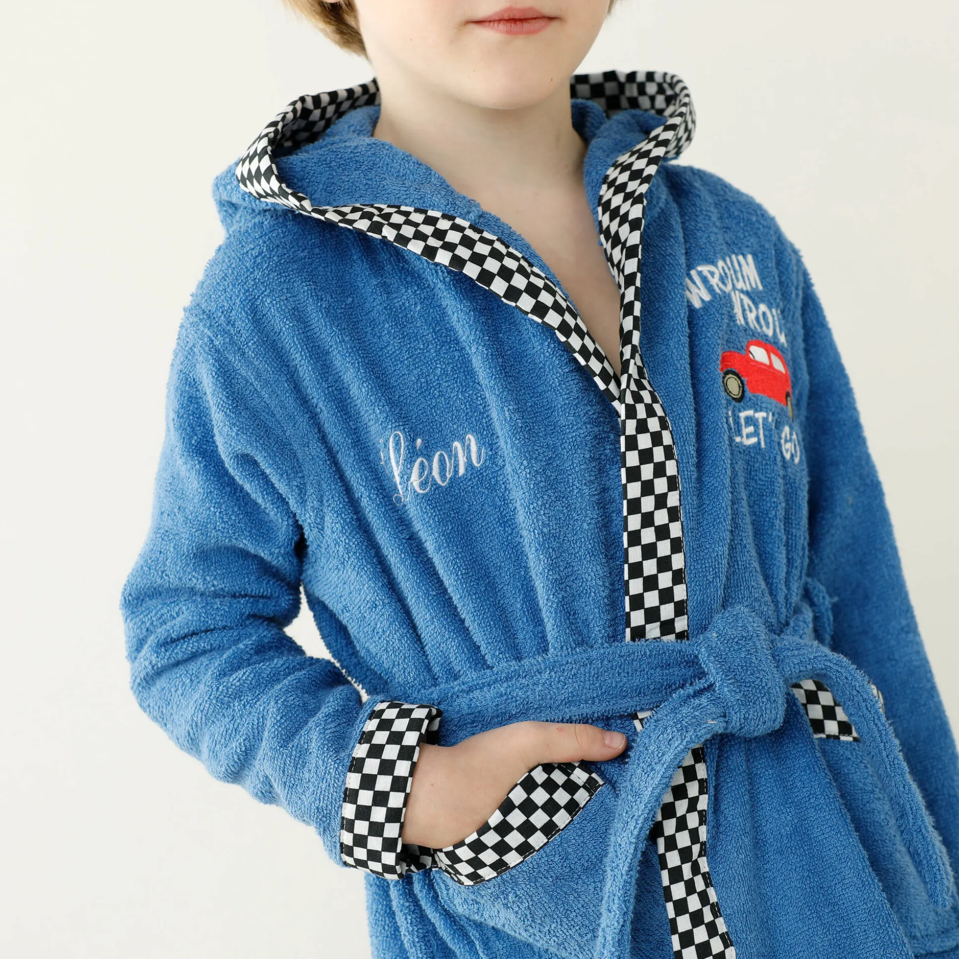 Badjas voor kinderen met kap en automotief, personaliseerbaar, katoenen badstof - 340 g/m2
