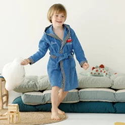 Badjas voor kinderen met kap en automotief, personaliseerbaar, katoenen badstof - 340 g/m2