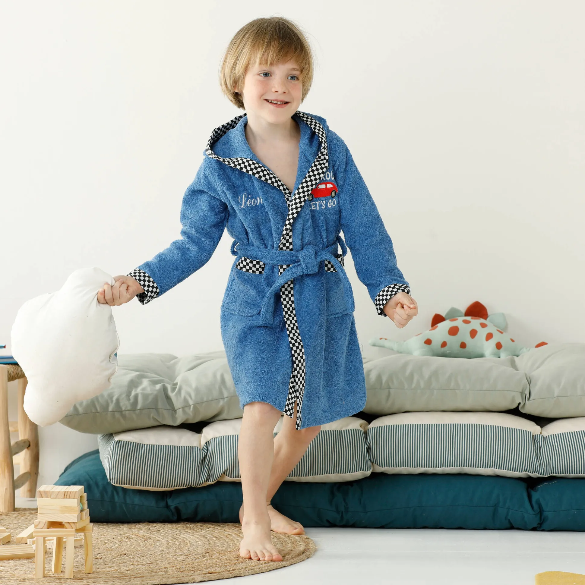 Badjas voor kinderen met kap en automotief, personaliseerbaar, katoenen badstof - 340 g/m2