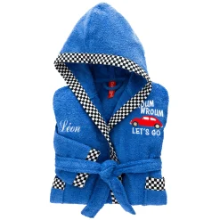 Badjas voor kinderen met kap en automotief, personaliseerbaar, katoenen badstof - 340 g/m2