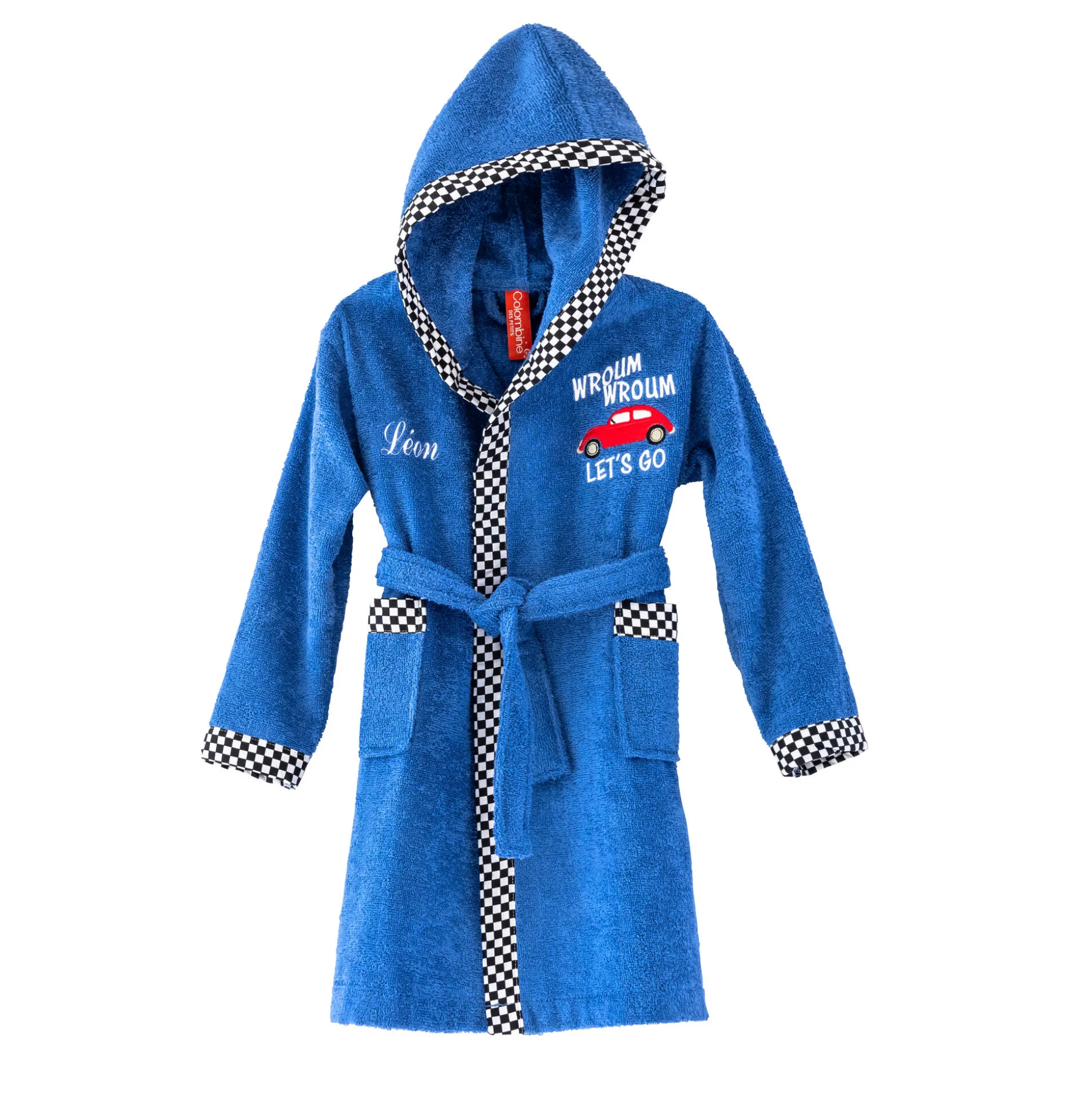 Badjas voor kinderen met kap en automotief, personaliseerbaar, katoenen badstof - 340 g/m2