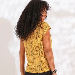 Bedrukt T-shirt, V-hals in macramé en etnisch motief
