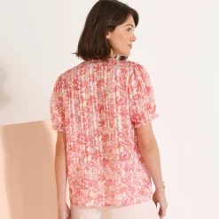 Bedrukte bloes met knoopsluiting en bloezende mouwen, jacquardvoile