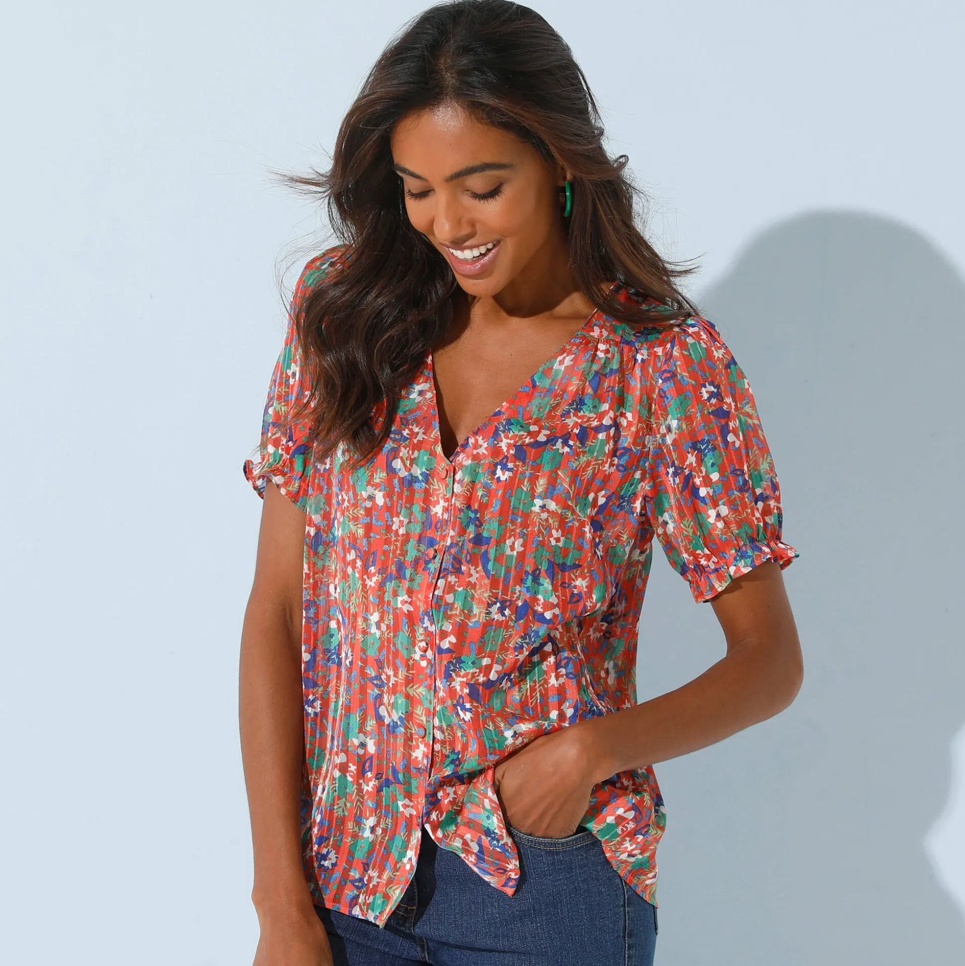 Bedrukte bloes met knoopsluiting en bloezende mouwen, jacquardvoile