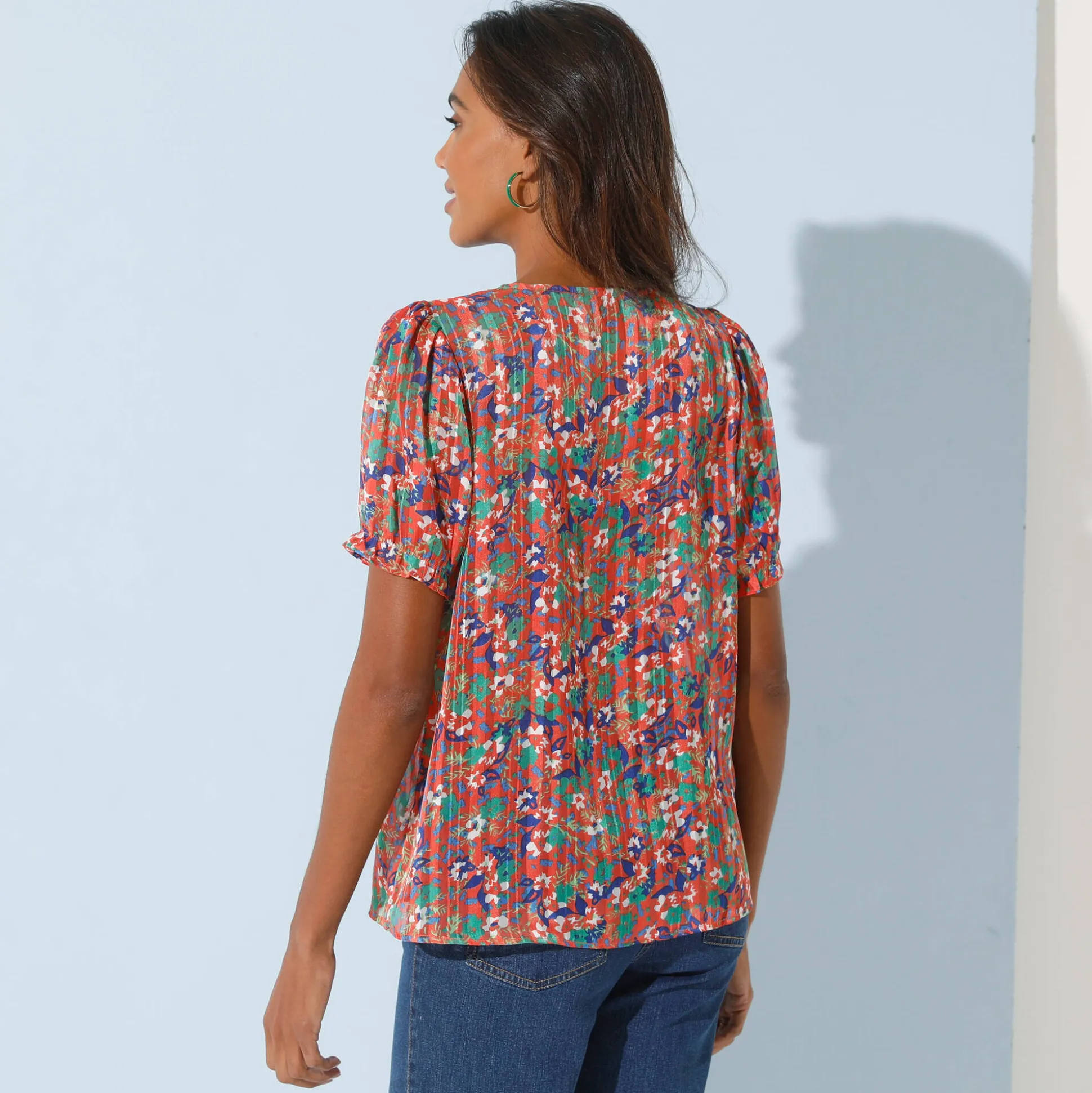 Bedrukte bloes met knoopsluiting en bloezende mouwen, jacquardvoile