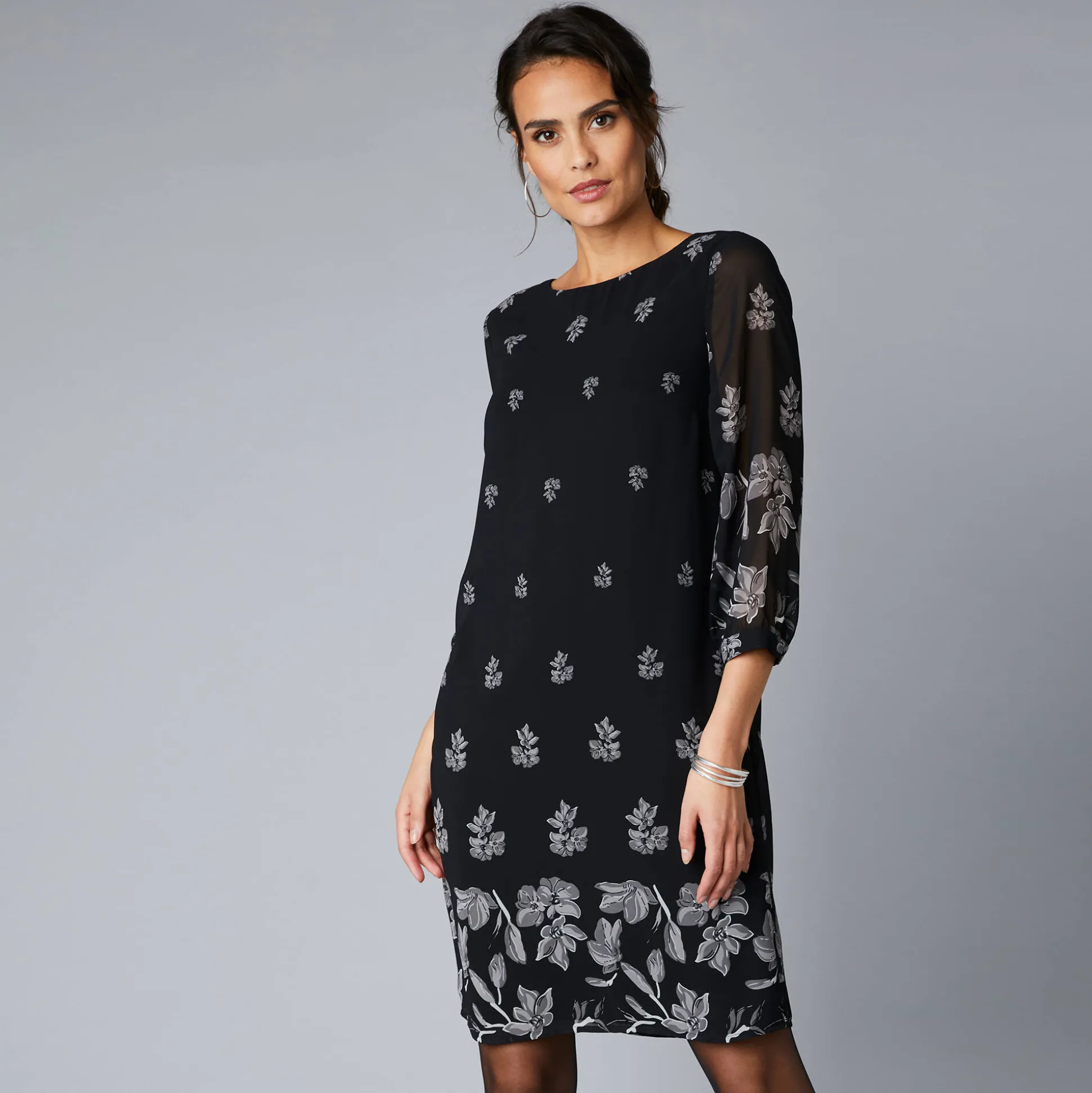Bedrukte jurk in voile, 3/4-mouwen