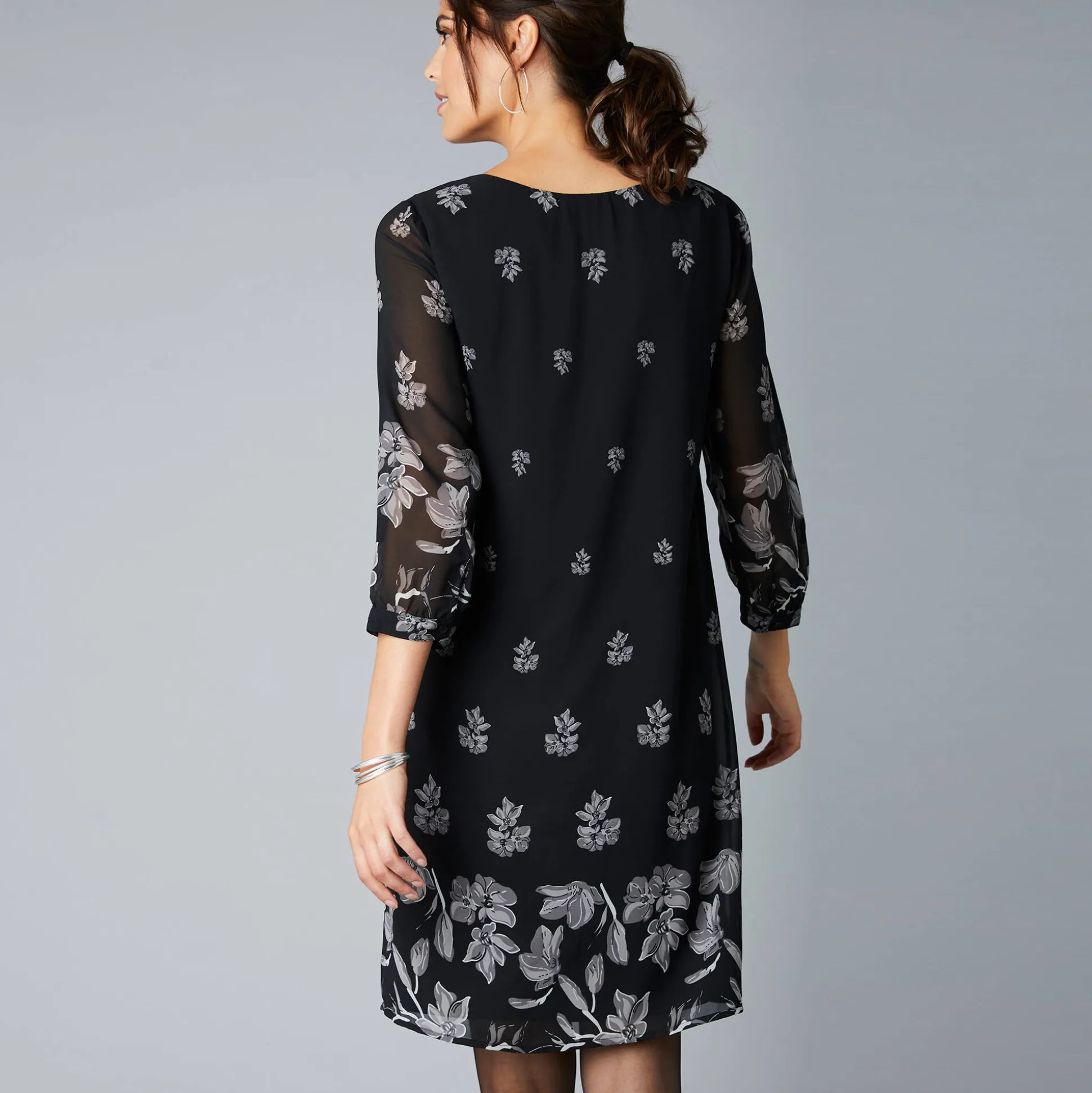 Bedrukte jurk in voile, 3/4-mouwen