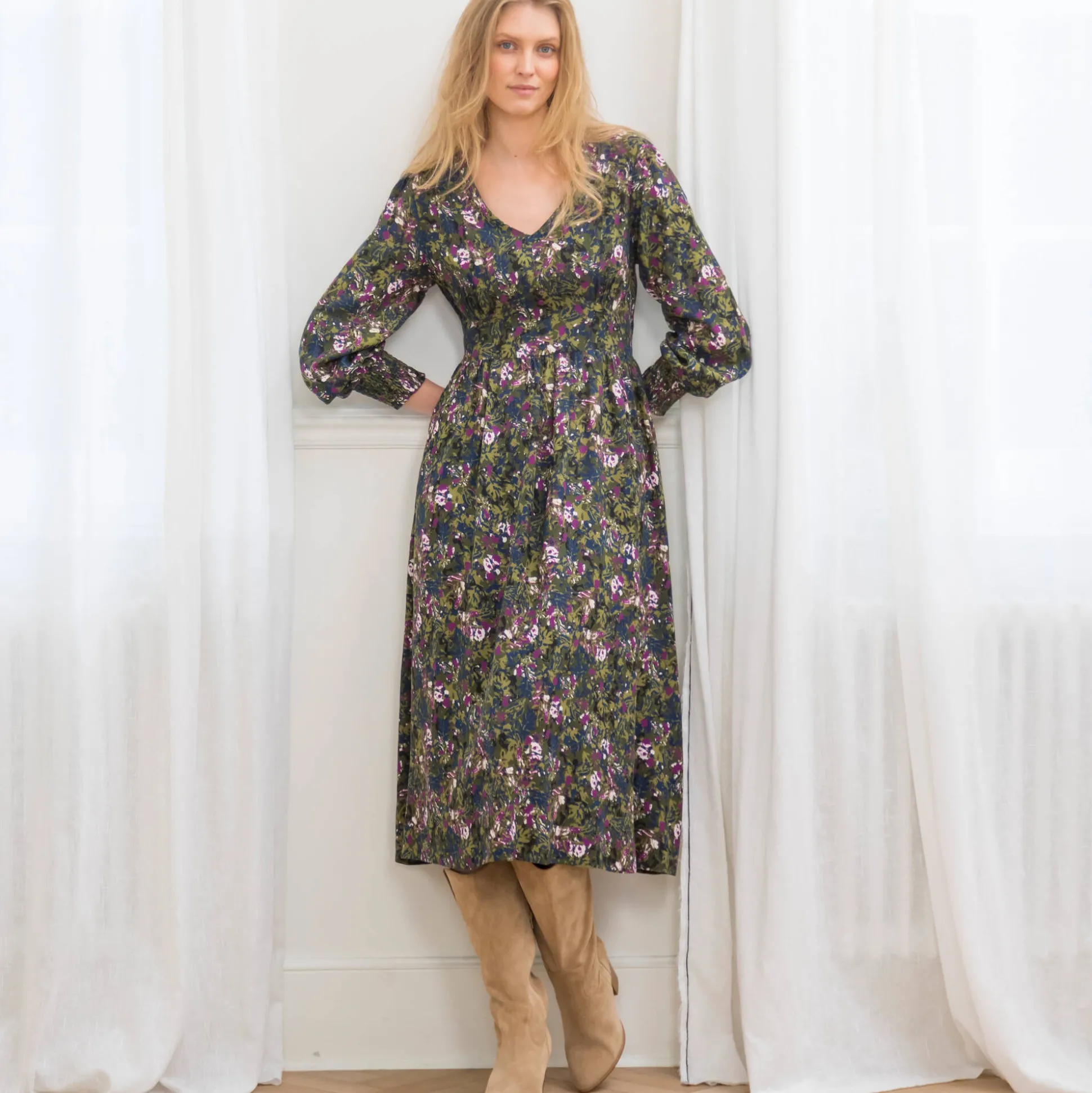 Bedrukte midi-jurk, soepele viscose