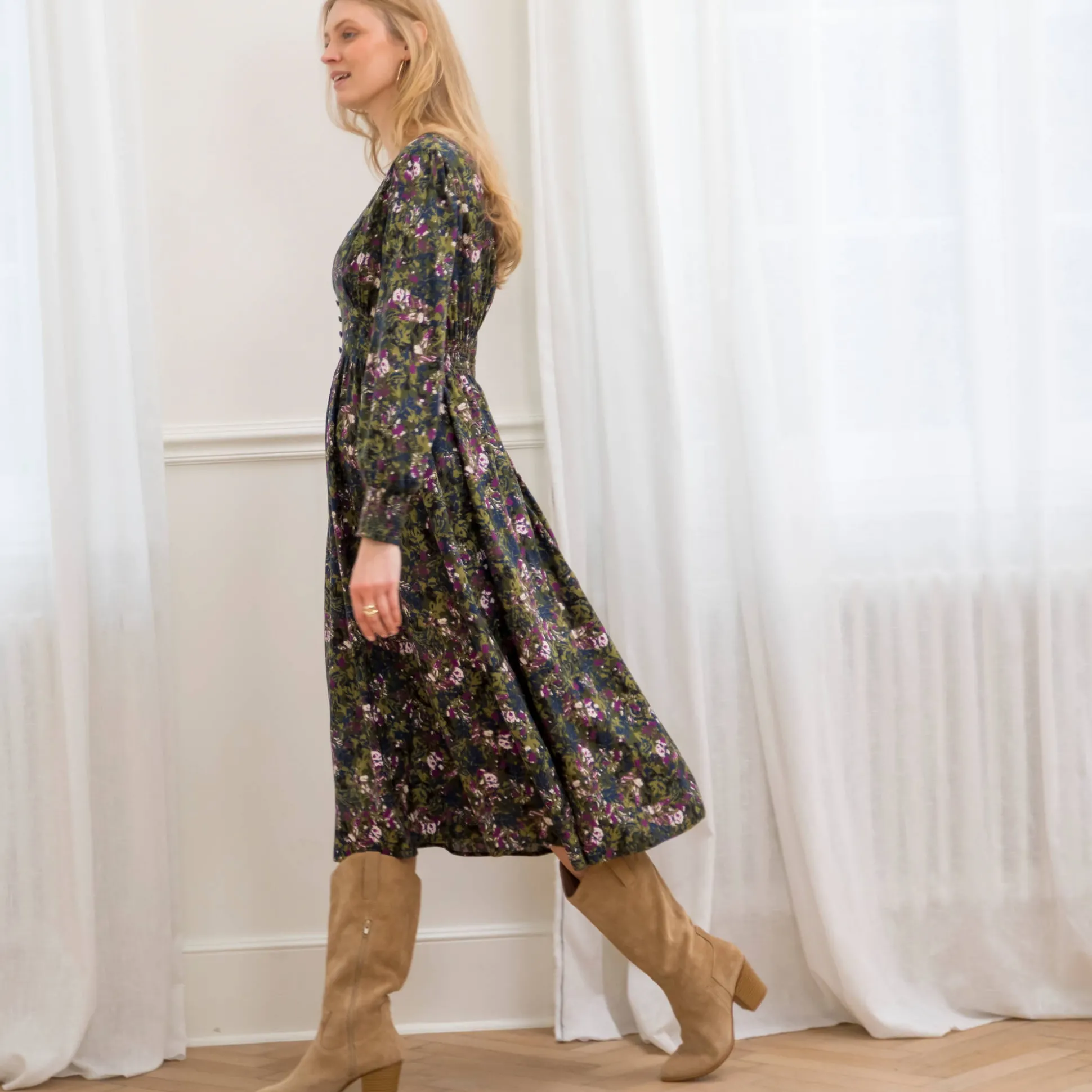Bedrukte midi-jurk, soepele viscose