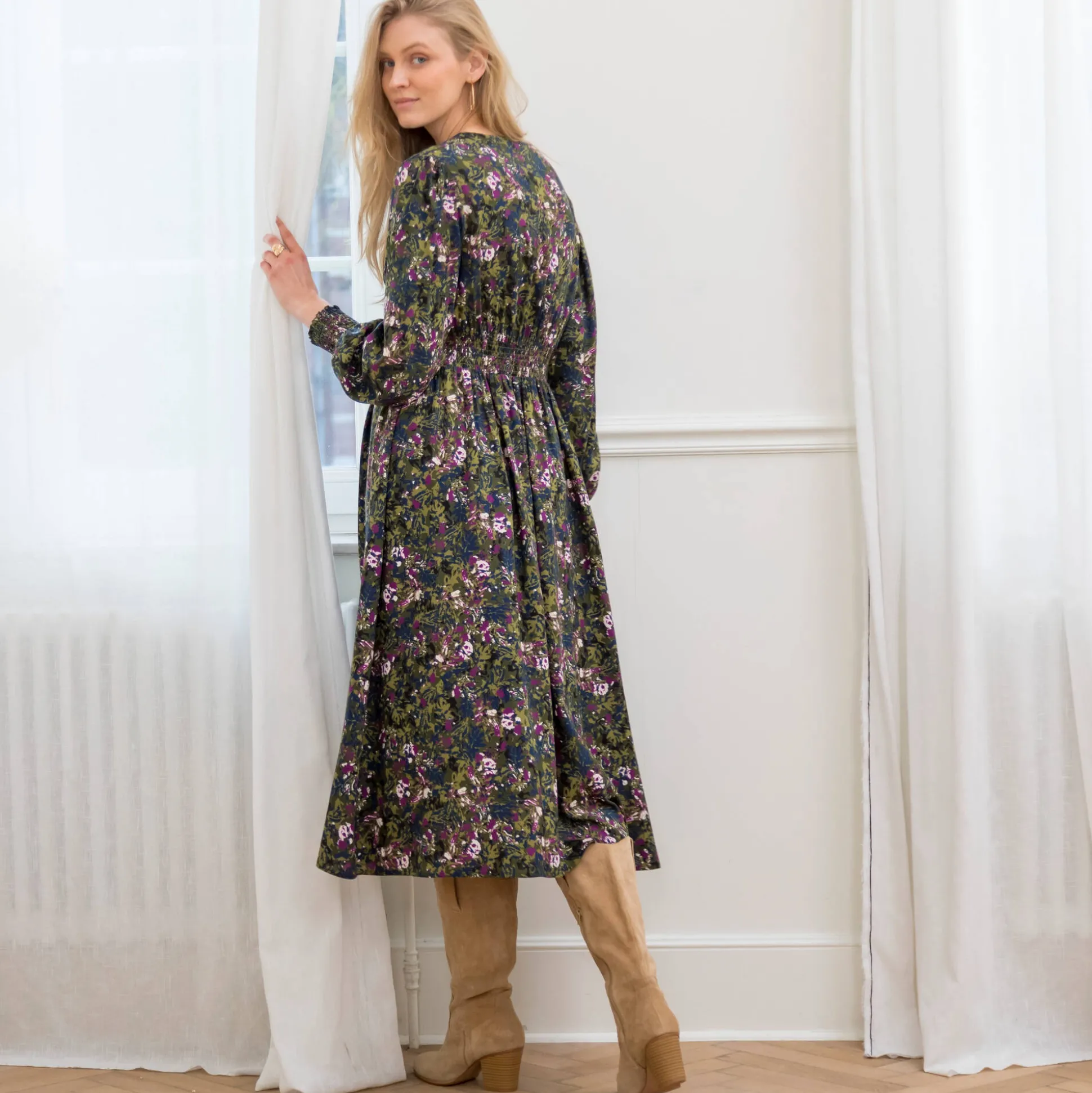 Bedrukte midi-jurk, soepele viscose