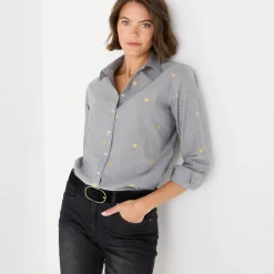 Bloes in chambray met knoopsluiting en hartjesprint