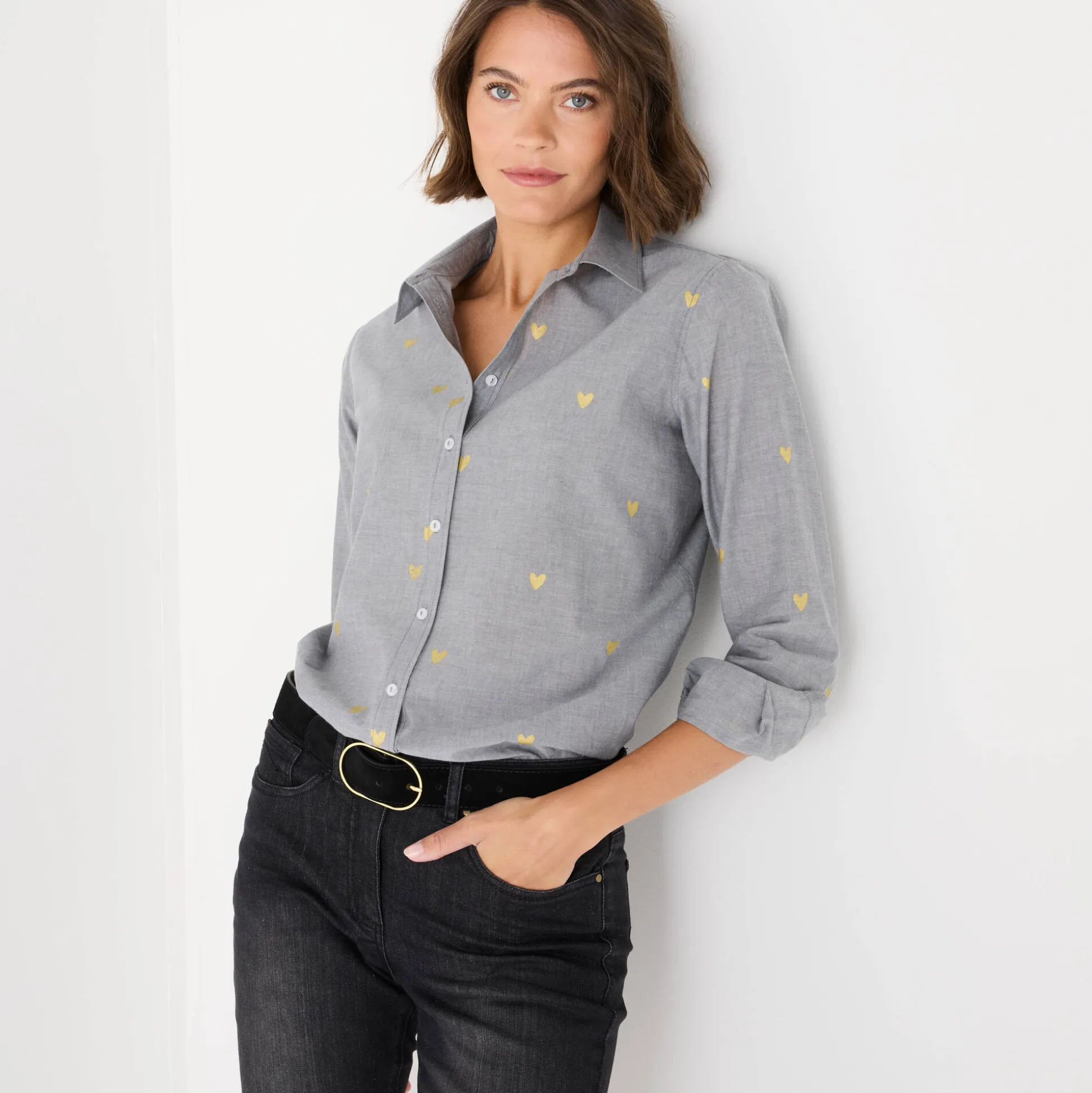 Bloes in chambray met knoopsluiting en hartjesprint
