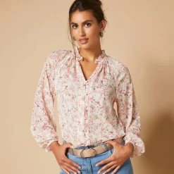 Bloes in voile met bloemenprint, goudkleurige print