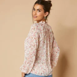 Bloes in voile met bloemenprint, goudkleurige print