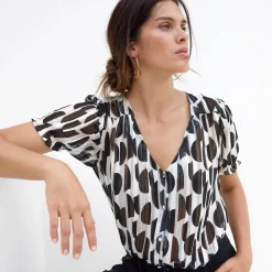 Bloes met bloezende mouwen en tweekleurige print, jacquardvoile