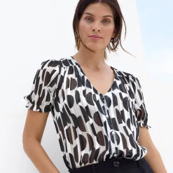 Bloes met bloezende mouwen en tweekleurige print, jacquardvoile
