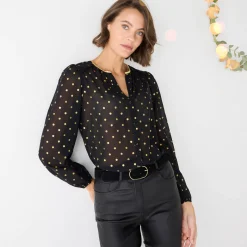Bloes met goudkleurige stippenprint, in voile