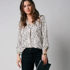 Bloes met grafische print en Tunesische hals, crêpe