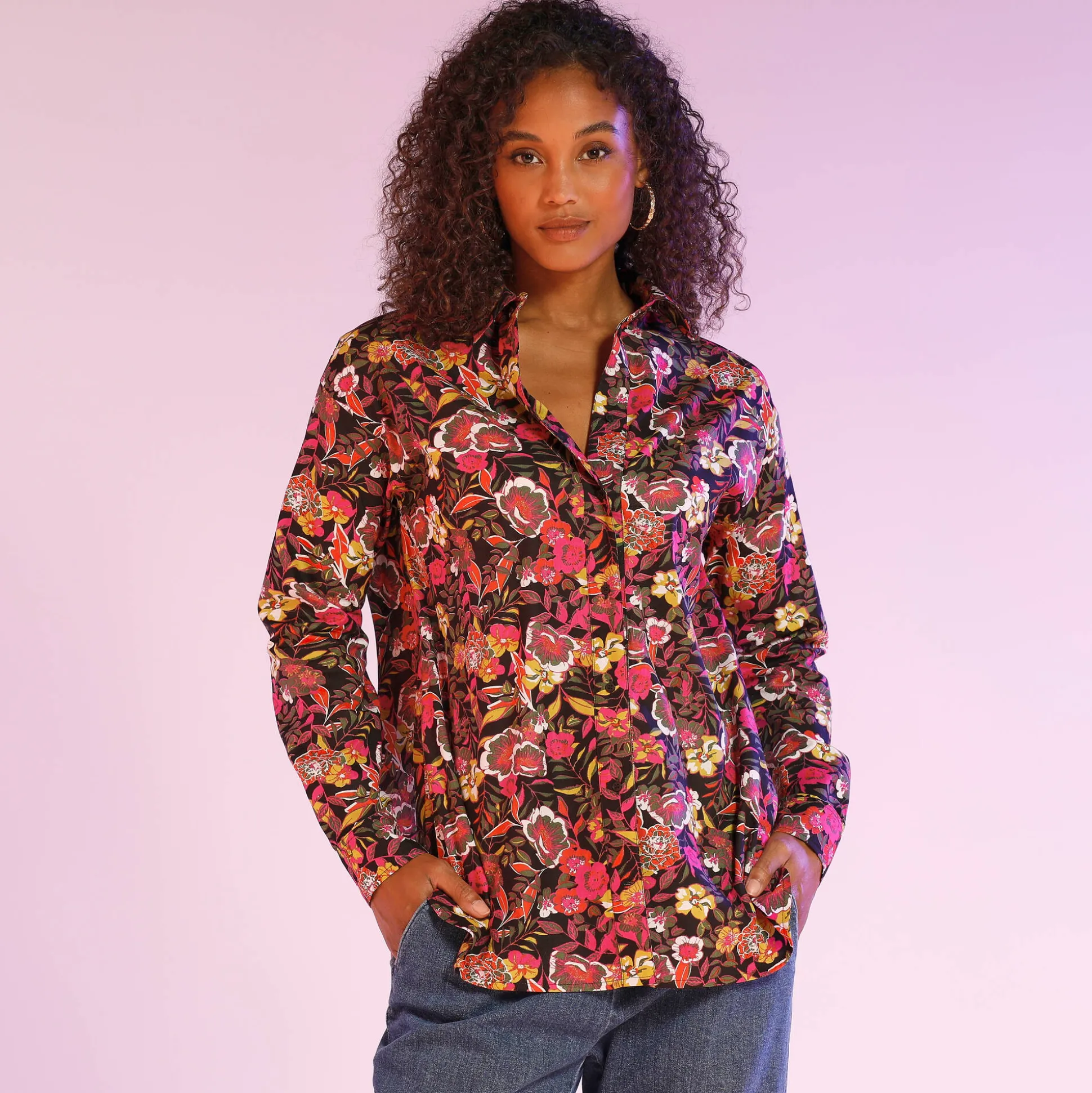 Bloes met knoopsluiting met bloemenprint, gerecycleerd polyester(**)