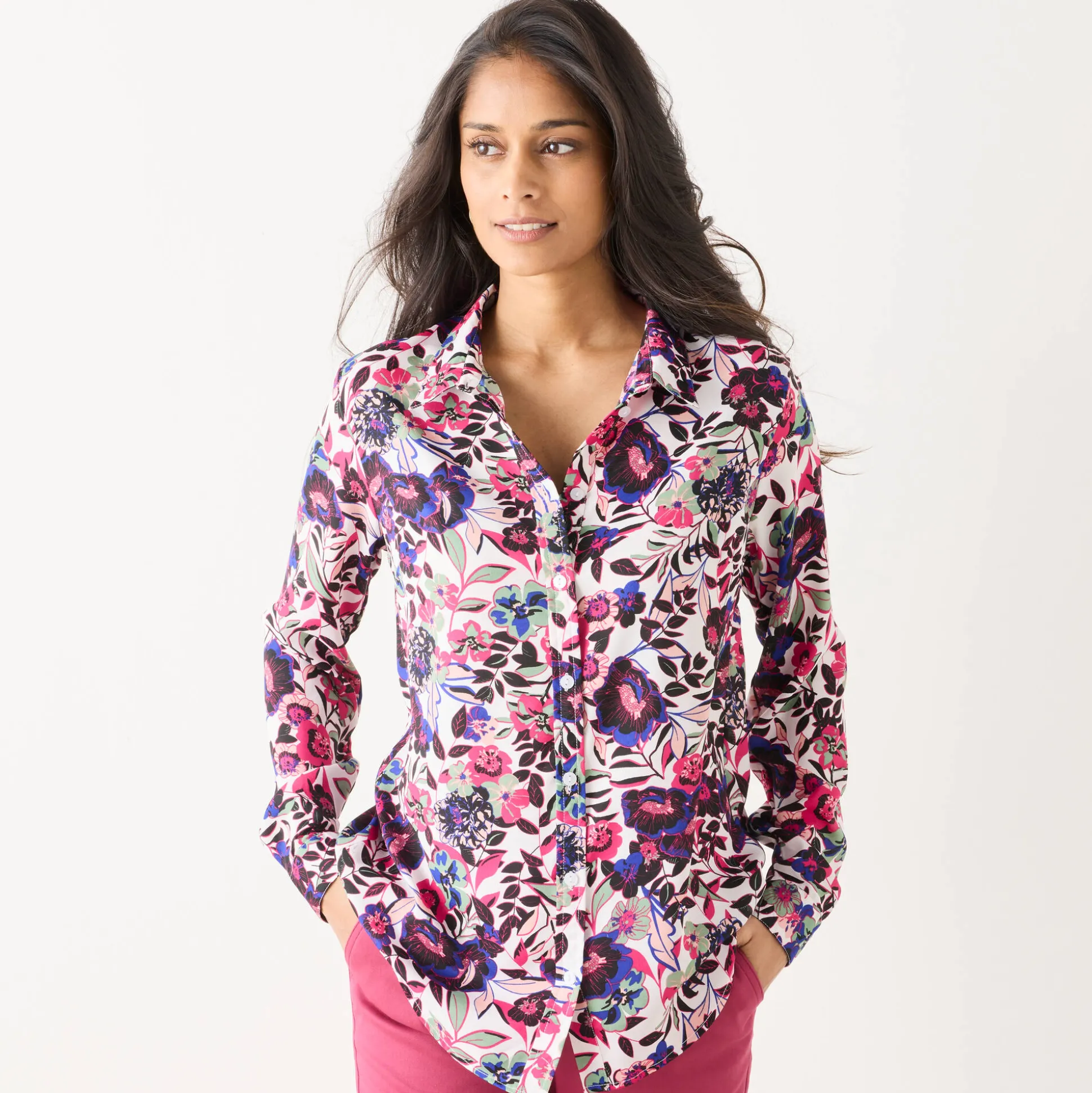 Bloes met knoopsluiting met bloemenprint, gerecycleerd polyester(**)