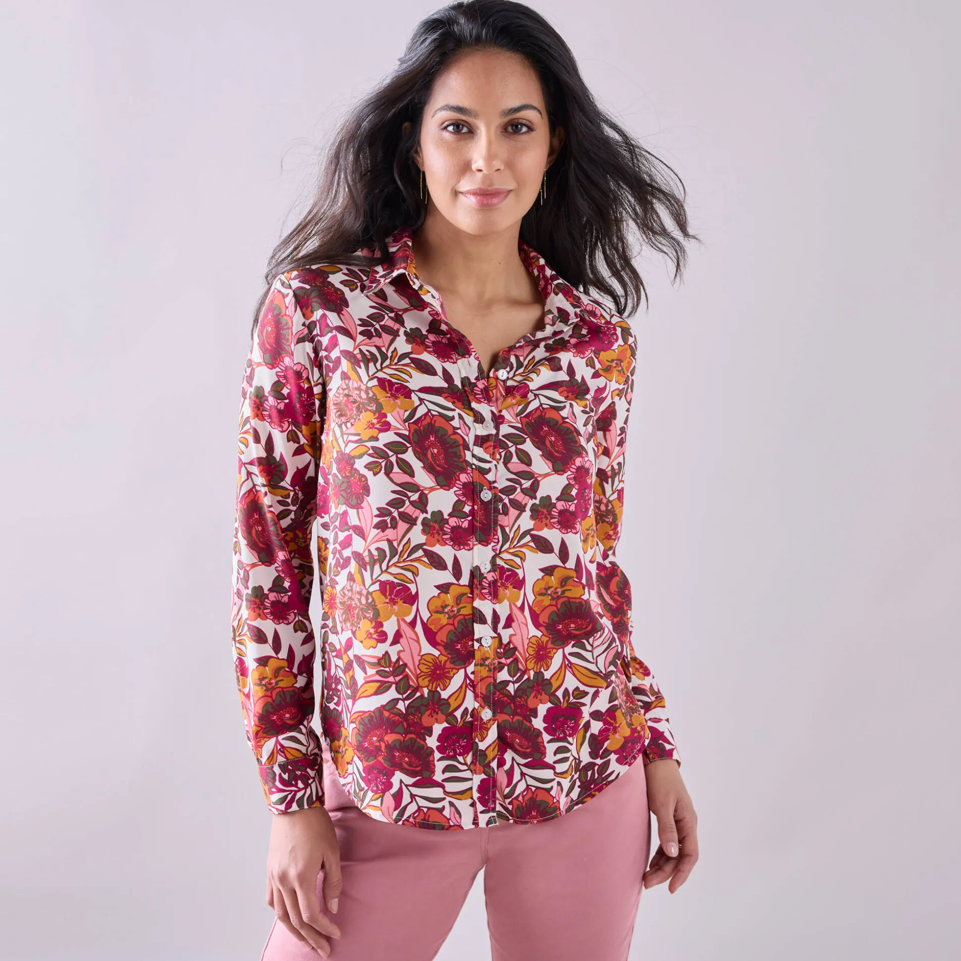 Bloes met knoopsluiting met bloemenprint, gerecycleerd polyester(**)