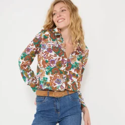 Bloes met knoopsluiting met bloemenprint, gerecycleerd polyester(**)