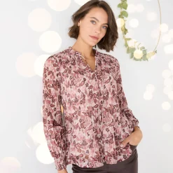 Bloes met plissé en bloemenprint, in voile