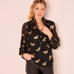 Bloes met strook, voile met gouden print