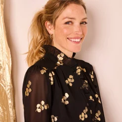 Bloes met strook, voile met gouden print