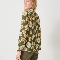 Bloes met strookjes en bloemenprint, crepon