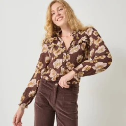 Bloes met strookjes en bloemenprint, crepon