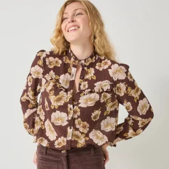 Bloes met strookjes en bloemenprint, crepon