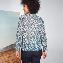 Bloes met Victoriaanse kraag, voile met bloemenprint