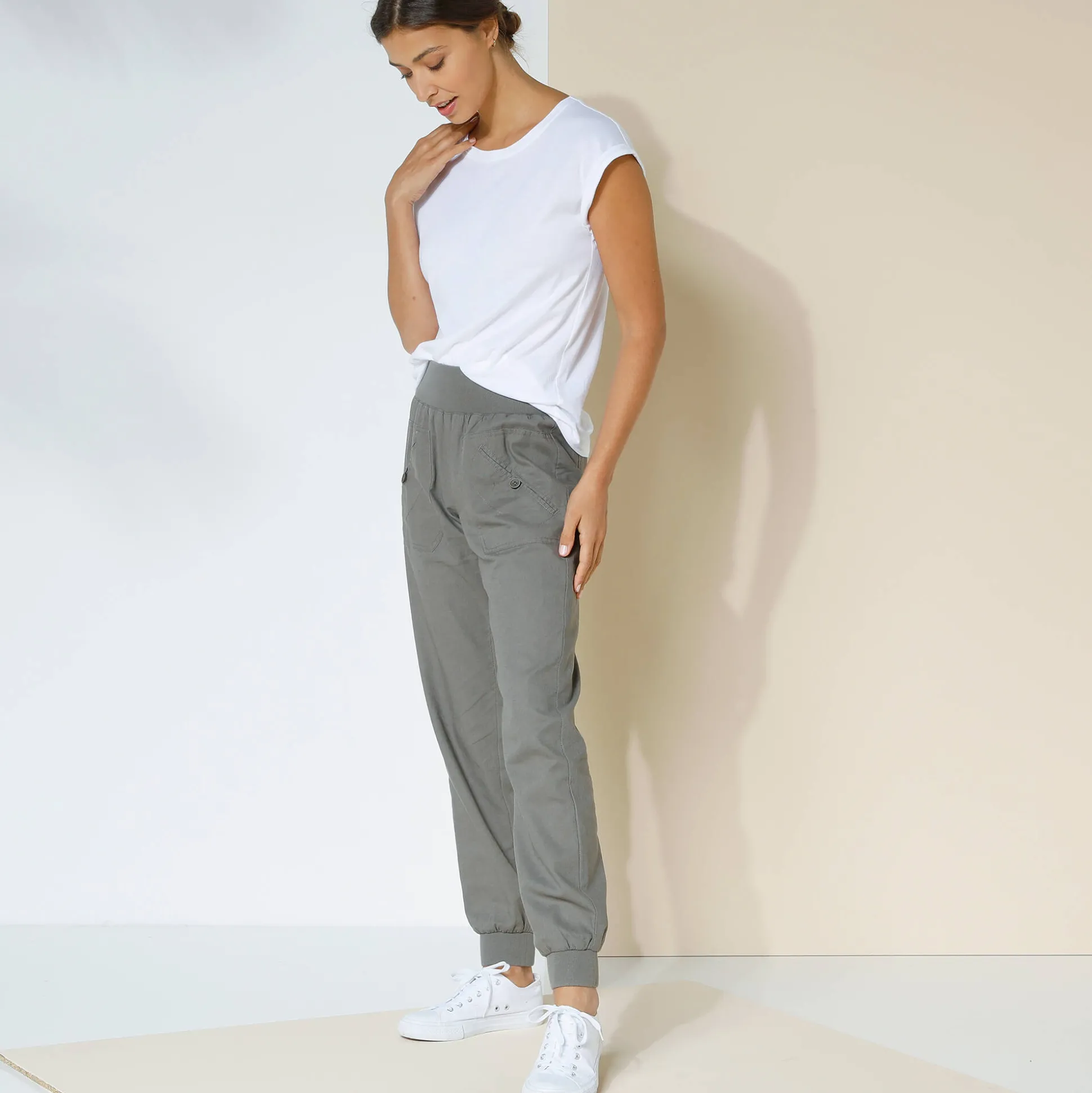 Bloezende broek met elastische taille, linnen-katoen