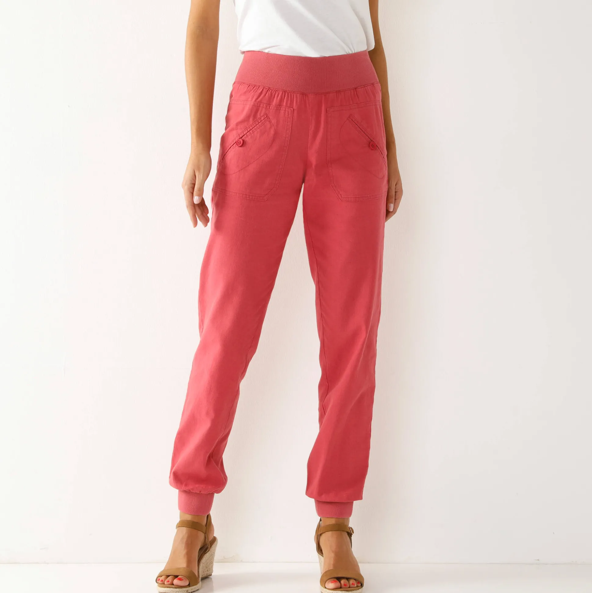 Bloezende broek met elastische taille, linnen-katoen