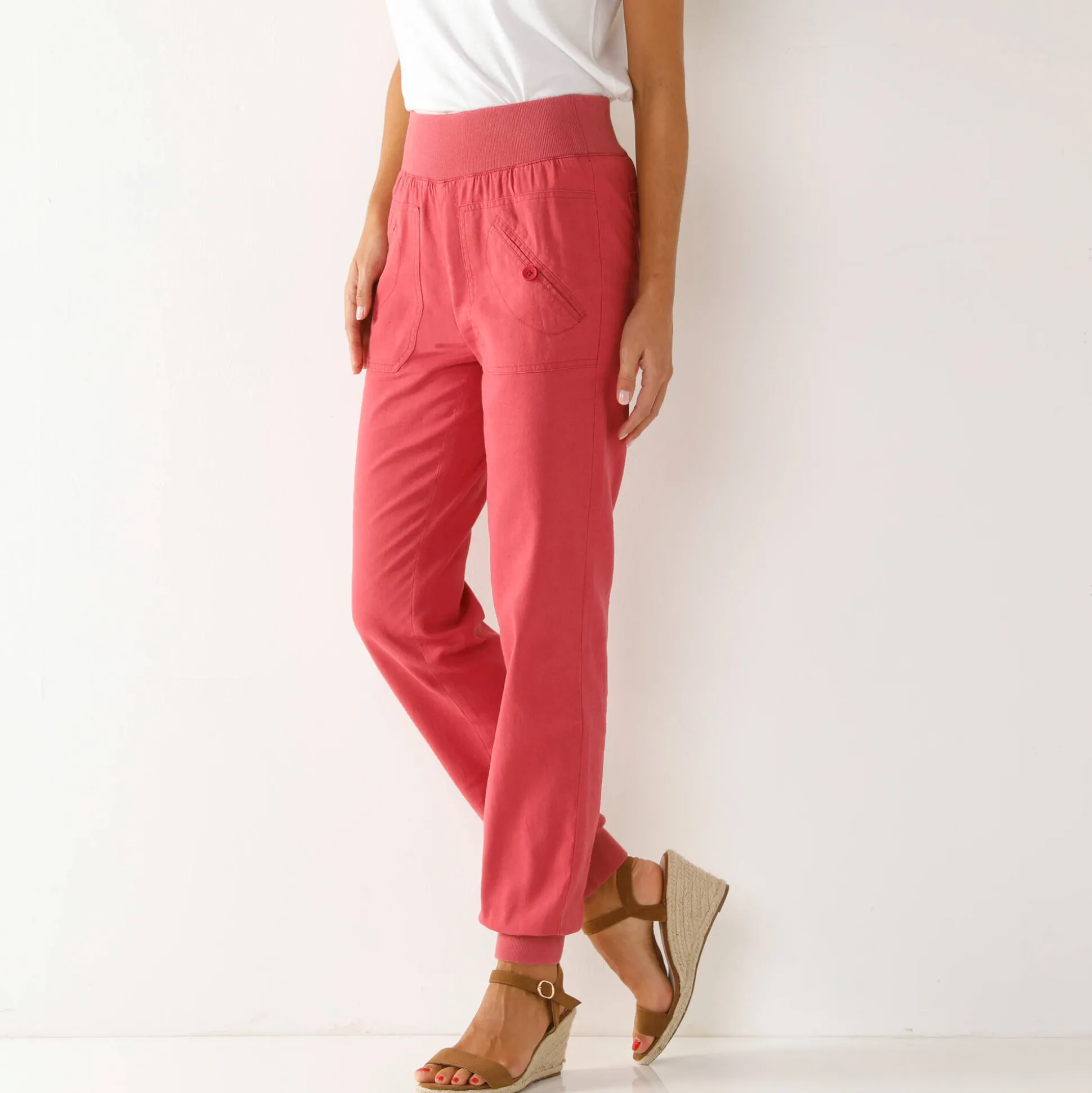Bloezende broek met elastische taille, linnen-katoen