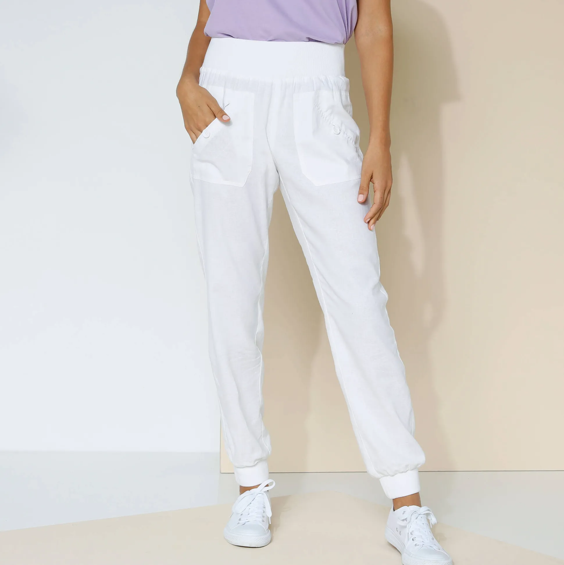 Bloezende broek met elastische taille, linnen-katoen