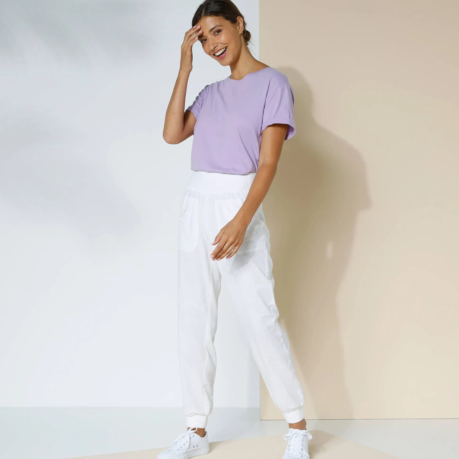Bloezende broek met elastische taille, linnen-katoen