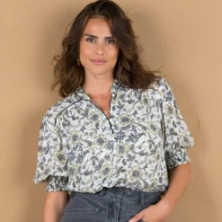 Blouse imprimée manches coudes, crépon